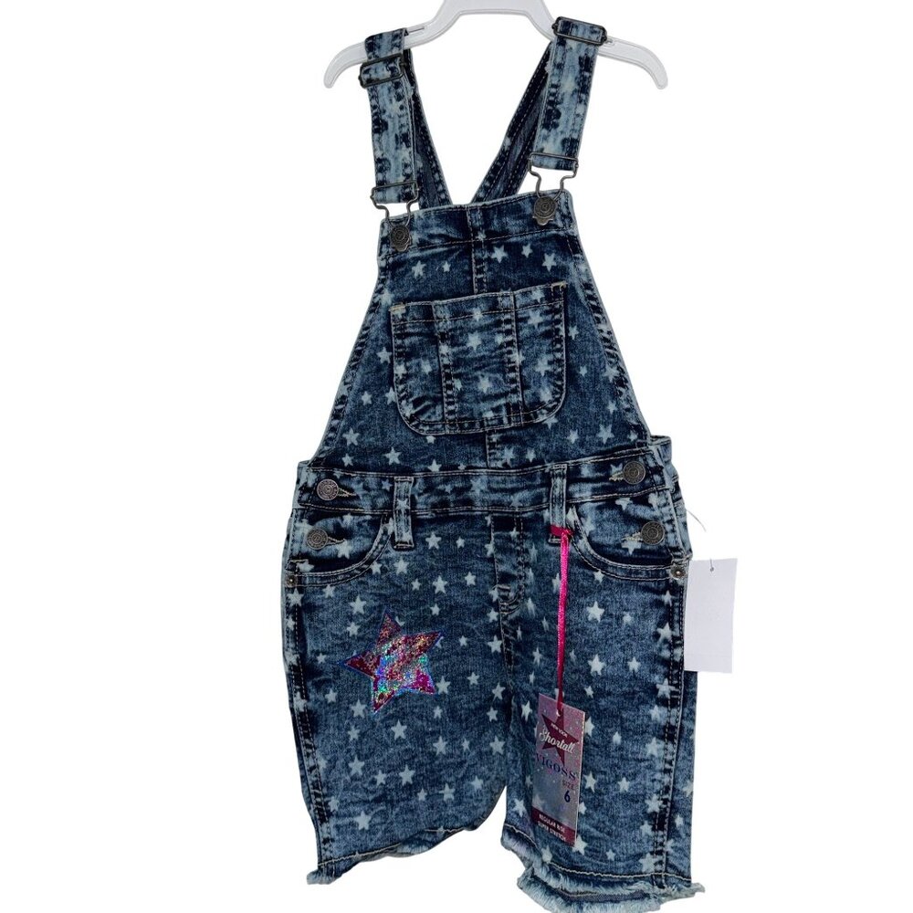 Girls Vigoss Star Print Denim Shortalls Size 6 With Adjustable Straps